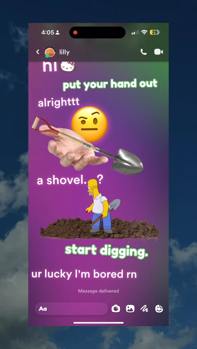 The image is a screen recording of a chat conversation within an app. The background is a gradient of colors, with the top portion appearing darker than the bottom. The frame is occupied mostly by the chat interface, showing a message exchange. The central visual elements include cartoonish illustrations and overlaid text, suggesting a meme or humorous communication.