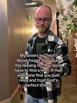 The cover image features a man with glasses and a beard holding a phone in front of him. He stands indoors, likely in a social setting as suggested by the background. The text overlay includes a message about faith, seemingly targeted at women, with a theme of trust in timing and romantic advice.