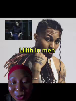 The image showcases a split-screen effect, featuring a stylish man looking away thoughtfully on the right side, and a photo of a man in a different setting on the top left corner. The main image, in the foreground has the face of a dark skin woman with a red headband and a gold nose ring. Text "Lilith in men" is overlaid in a bright yellow, positioned between the two men. The lady has a smiling expression, looking at the camera, and the overall aesthetic suggests a focus on astrology and potentially relationship insights.