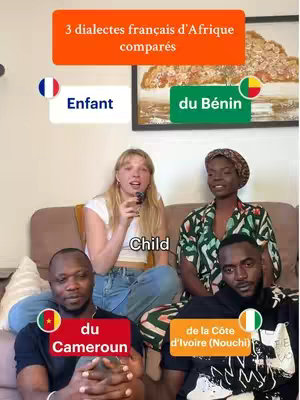 The cover image shows four individuals, two men and two women, on a brown couch. Text overlays appear on the image with the flags and names of the Benin, Cameroon, and Côte d'Ivoire. Text at the center of the image describes a comparison of French dialects in this group.