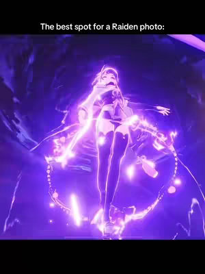A full body shot of a female anime character, Raiden Shogun from Genshin Impact, surrounded by purple energy effects. The character is in a dynamic action pose with one arm raised. The background is dark and blends into the purple-lit visual effects. The text overlay is set against the top segment of the anime image.