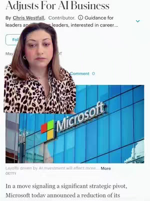 A woman with brown hair and a leopard print top is centered in front of the image. Behind her is an image from a news article. On the bottom is the Microsoft logo in front of a blue glass building.