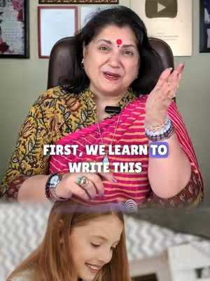 The cover image features a woman smiling and gesturing with her hand. The text overlay reads 'FIRST, WE LEARN TO WRITE THIS'. Below that is a shot of a smiling girl in the bottom part of the image.