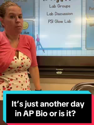The image shows a woman standing in front of a whiteboard with lesson titles. She's wearing a pink cardigan over a dotted dress. A black bar at the bottom contains the overlaid text.