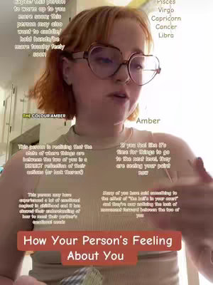 A person with red hair wearing large heart-shaped glasses is in the foreground, with text overlays on the image. Text includes astrological signs and phrases related to feelings of a person. At the bottom of the image is a rectangular banner that says "How Your Person's Feeling About You".