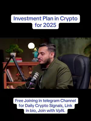 The cover image shows a man in a professional setting, likely a studio or office, with a microphone setup and shelves in the background. The text overlaid on the image advertises an investment plan related to crypto.