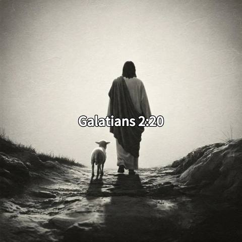 A grayscale image shows Jesus walking on a rocky path, viewed from behind, with a lamb following closely. The background suggests a plain, overcast sky. The image has a monochromatic color palette with soft gradients and high contrast, and the composition is balanced and serene.