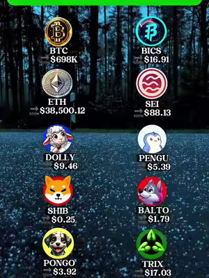 The image displays a list of various cryptocurrencies, each represented by a logo and listed with its current price. The background is a blurry image of a forest, lending a digital forest feel to the data in the foreground
