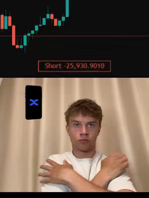 The image shows a young man with short brown hair, standing in front of a beige curtain. He's wearing a white t-shirt and has his arms crossed, with a slightly concerned expression. Above him is a chart showing a red and green candlestick pattern, with a text overlay indicating a 'Short' position. To his left, a phone with the logo of a social media app with a blue 'X' is hovering. The background is softly lit with the curtain providing a neutral backdrop.