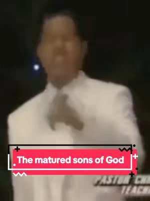 The image features a man in a white suit against a dark background. A red bar with white text overlayed at the bottom reads "The matured sons of God."