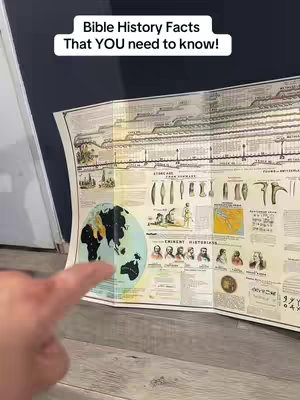 The cover image features a person's hand pointing to a large, detailed historical chart laid out on the floor. The chart includes a world map, timelines, illustrations of historical artifacts, and portraits of historical figures. The background is a simple interior setting with a wall and flooring. The overall composition is informative and visually rich.