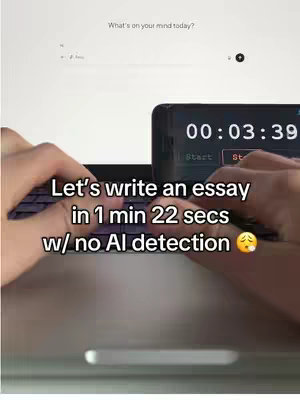 The cover image shows a person's hands typing on a dark keyboard with a timer in the background. A phone displaying a timer is placed to the right showing 00:03:39, a text overlay highlights a message about writing an essay in a short time and bypassing AI detection.