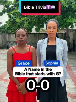 Two women stand in front of a blurred green background. The woman on the left wears a red dress and the woman on the right wears a white blazer, her face is neutral. Text overlays describe a bible trivia.
