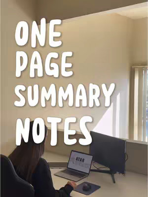 The cover image shows a desk setup with a laptop, computer monitor, and the back of a person. Large white text overlays the top half of the image, reading "ONE PAGE SUMMARY NOTES". The background is a light beige wall with a window on the right side, partially covered by blinds. The scene is lit by sunlight coming through the window and creating a warm ambience.