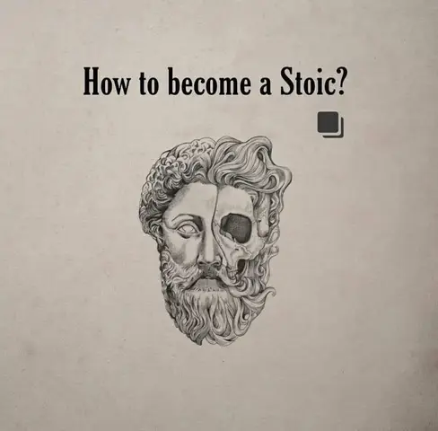 The image displays a monochromatic illustration of a human bust, rendered in a classical style. The bust is split vertically; the left side showcases a human face with detailed features, while the right side depicts the skull, providing a juxtaposed view of life and death. Above the bust, text reads, 'How to become a Stoic?' in a simple, bold font. The background is a muted, creamy color, and the overall composition suggests a theme of philosophy or self-reflection.