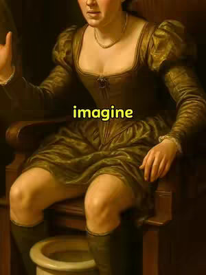 The image is a section of a vintage painting. A character believed to be a woman is seated on a wooden chair dressed in a gold or green patterned dress, skirt, and boots is seated on a wooden chair. She is gesturing up and with her hand. The text overlayed says "imagine"