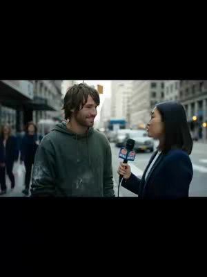 A bustling city street scene with two individuals: a man with unkempt hair and partially obscured white markings on his green hoodie, and a woman holding a microphone with the logo partially visible. They are positioned on the sidewalk, seemingly engaged in an interview as a person in the background walks by with their shopping bag. The backdrop includes city buildings, passing vehicles. The overall tone is a blend of urban realism and media interaction.