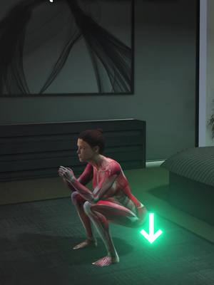 A 3D rendered image depicts a woman in a skin-toned, anatomical-style illustration performing a squat. She is shown mid-squat in a room. A green arrow is overlaid, pointing downwards and indicating the position for the exercise. The background features a dark, modern interior with an abstract art piece and a dark grey cabinet.