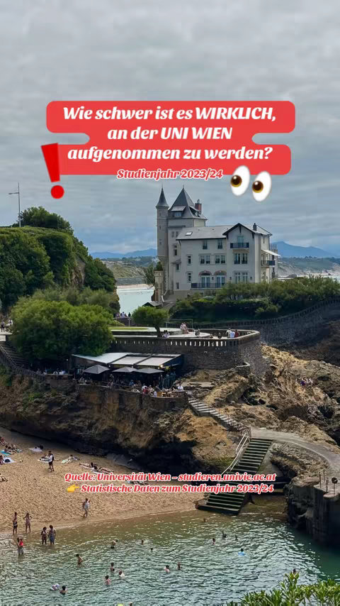A scenic coastal view featuring a historic building with a tower, a sandy beach, and a body of water with people swimming. A red banner with white text appears as a hook at the top. The overall composition is a wide shot with a bright and airy feel.