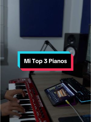 The cover image shows a person playing a red and white keyboard, with a tablet displaying an app interface next to it on a desk. There is text that reads "Mi Top 3 Pianos" overlaid on the image inside a rectangle. In the background is a speaker, a computer keyboard, and a blue acoustic panel.