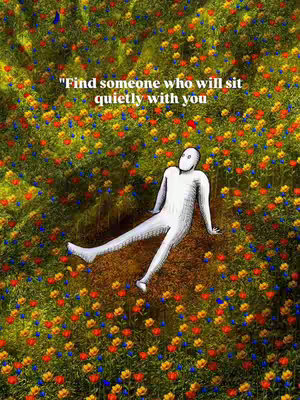 An artistic image featuring a figure in white laying on a bed of flowers. The figure is stylized, with a simple form lacking detailed features. The background is a vibrant mix of green with yellow, red and blue flowers. A text overlay provides a quote.