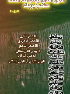 The cover image is a gradient background of green and gold hues, suggesting a textured surface. On the top, there's text in a stylized font with a golden color, with the title in Arabic. Below the title, the numbers in Arabic are displayed. The rest of the image features a list of zodiac signs with corresponding color options for each sign.