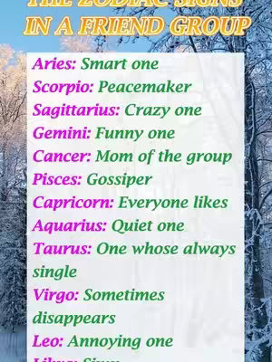 A graphic with text overlays on a background of a snowy forest or winter scene is shown. The text is a list of zodiac signs, each associated with a character trait within a friend group. The colors are predominantly green, purple, and yellow.