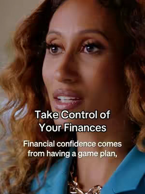 A medium shot of a woman with long, wavy brown hair. She is looking slightly to the side with a concerned or thoughtful expression. Text overlays are present, in white, highlighting key phrases related to controlling finances. The background appears to be a brightly lit indoor setting