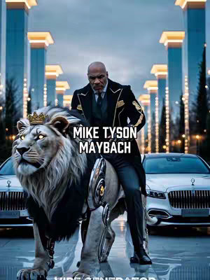 The image depicts Mike Tyson, rendered as a regal figure, riding a lion with a golden crown, in a luxurious setting. The background features tall, illuminated structures and white luxury cars. The text overlay reads 'Mike Tyson Maybach'. The color scheme is dominated by tones of gold, black, and silver, creating a sense of opulence and grandeur..