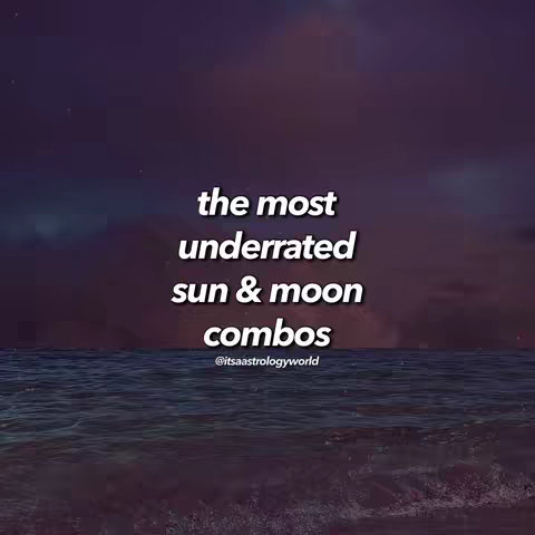 The cover image displays an ocean scene at dusk. The sky transitions from dark blue at the top to a lighter purple near the horizon. The ocean is dark with some waves. White text overlaid reads "the most underrated sun & moon combos" with a username below.