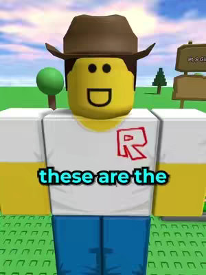 The cover image shows a Roblox-inspired character in a white shirt with a red "R" logo, blue pants, and a yellow head and hands . The character wears a brown cowboy hat and has a smiley face. The background is a green field. Below the character, the text "these are the" is displayed in a white text box with a black outline.