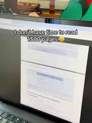 A person is filming a computer screen that displays a document from an academic study, likely a textbook, and overlaid text indicates a feeling of being overwhelmed with reading a large number of pages.