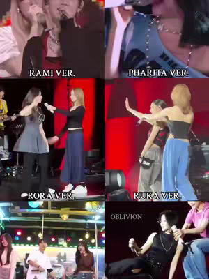 A collage of multiple images featuring mostly female figures on stage. Each image segment has text overlayed such as "RAMI VER.", "PHARITA VER.", etc.. The overall composition has a variety of lights and stage-like settings.