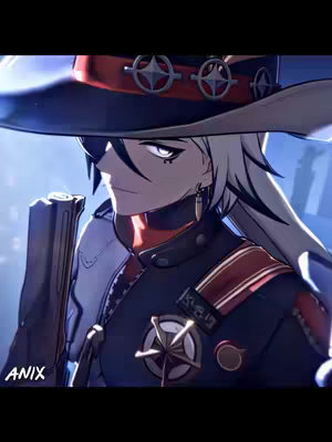 An anime-style character from the shoulders up. The character is turned towards the side with a serious expression, and has a hat and coat. The image has a dark and stylized aesthetic.