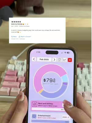 The cover image shows a person holding a phone displaying a budgeting app. The app's user interface features a circular chart with different colored segments representing various financial categories. Text overlays, including the app's name and user ratings, and a reviewer comment fills the background.