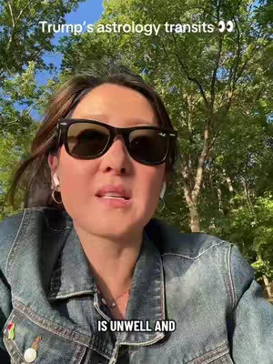 A woman with dark sunglasses in a denim jacket faces the camera, with a park background. Text is overlaid at the top and bottom of the image, with only part of the text visible.