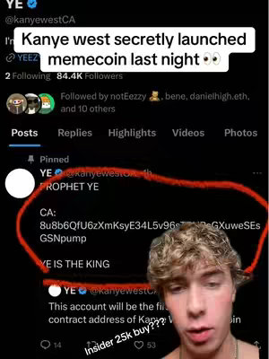 The cover image shows a screenshot of a Twitter post with the user profile of 'YE', potentially Kanye West, highlighting an announcement about a new memecoin. A young man with light hair is in the foreground. The post itself is encircled in a red oval.