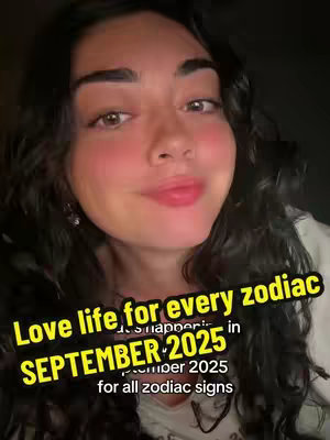 A young woman with dark hair and brown eyes is smiling at the camera. There's overlaid text in yellow, stating "Love life for every zodiac" and "SEPTEMBER 2025". The background is dark, which makes the yellow text stand out.