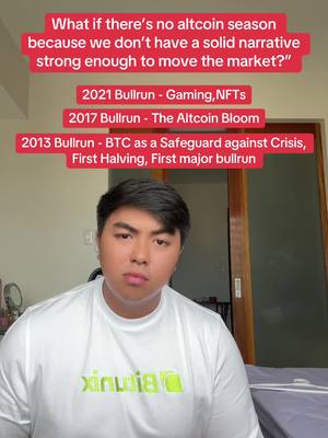 The cover image features a young man looking directly at the camera with a serious expression, positioned from the chest up. Above his head, stacked horizontal red rectangles contain white text that details a series of questions/statements about altcoin seasons and bullruns from 2013 to 2021. The background shows a room with a doorframe on the right and a bed on the left. The man wears a white t-shirt with the logo of a company.