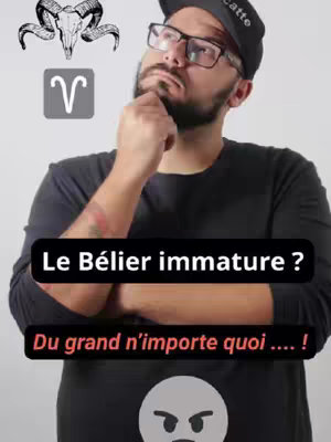 A man with glasses and a beard is looking up thoughtfully. He's wearing a black t-shirt. Overlaid are the words 'Le Bélier immature ?' in a black rectangle, and below that, 'Du grand n'importe quoi ....!' in a red banner. In the top left corner is a ram skull image and below, next to the creator’s head, is a square with the Aries symbol.