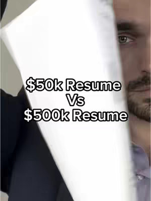 The cover features a man’s face partially visible, framed by a document held up to the side. The man has a beard and is looking to the side. Bold text in a sans-serif font is overlaid, listing '$50k Resume' versus '$500k Resume'.