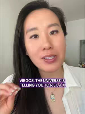 A woman with long dark hair and a light-colored shirt is centered in the frame. Text overlays in a purple box at the bottom of the screen.