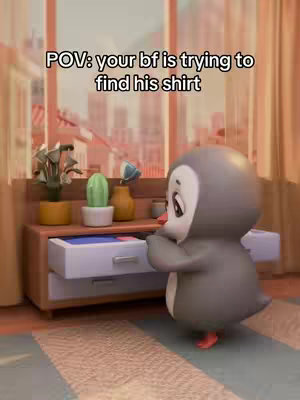 The cover image is a whimsical, animated scene. In the foreground, a cartoon penguin character, rendered in soft shades of gray and white with red feet and beak, appears to be rummaging through a white drawer that is part of a wooden cabinet. The penguin has a slightly sad expression, looking down towards the drawer with a tilted head. The background suggests an indoor setting, possibly a bedroom or living room, with a window and curtains. The color palette is light and warm, with peachy tones and gentle lighting.