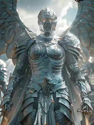 A digital artwork depicting a warrior angel clad in intricately designed silver armor. The angel stands center frame, facing forward with an imposing presence. Large, feathered wings are spread behind the angel, and a sword is held in one hand. Other figures, that appear to be soldiers, are visible behind the angel, creating a sense of an army. The background is blurred with a cloudy sky, suggesting a battle scene. The overall composition conveys a theme of strength, divinity, and conflict.