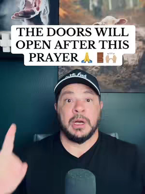 The cover image features a man with a surprised expression, wearing a black hat, and pointing upwards. A text overlay in a white box reads, 'THE DOORS WILL OPEN AFTER THIS PRAYER'. Background elements include religious imagery.