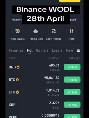 The image shows a screenshot of the Binance app interface. At the top, overlaid on a dark background, is text that reads, 'Binance WODL 28th April'. Below this are menu options, and then a table displaying cryptocurrency data, including names like BNB, BTC, and ETH, along with their current prices and percentage changes.