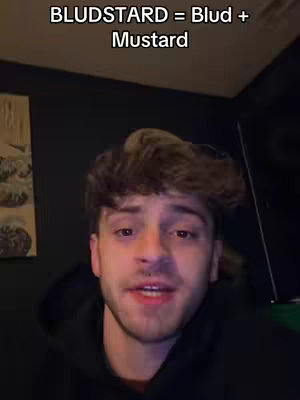 A young man with light skin and brown curly hair faces the camera directly. Above him, overlaid text reads 'BLUDSTARD = Blud + Mustard.' The background is dim, with a partial view of a patterned object on the left and what appears to be a green surface on the right.