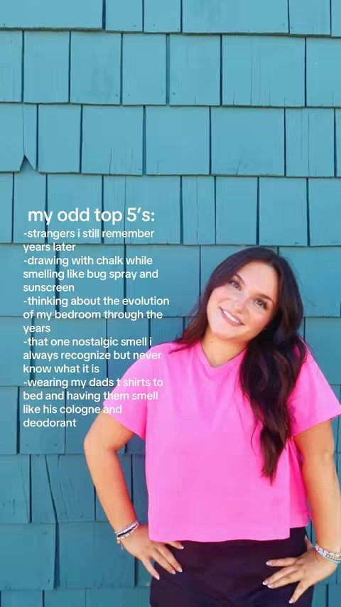 A woman in a pink t-shirt stands in front of a teal-blue, wood-paneled wall. Text overlayed on the image lists a series of memories.