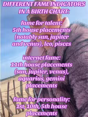 A selfie-style image with a person wearing sunglasses and a fur-lined coat. Text overlays provide information about fame indicators in a birth chart. The background suggests an outdoor setting, possibly near a beach, with wooden fencing visible.