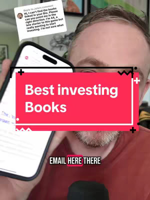 A man is holding a phone with overlaid text that says 'Best investing Books' on a red background. A comment bubble on the upper left corner appears to be a comment about the books. The bottom has the text 'EMAIL HERE THERE'.